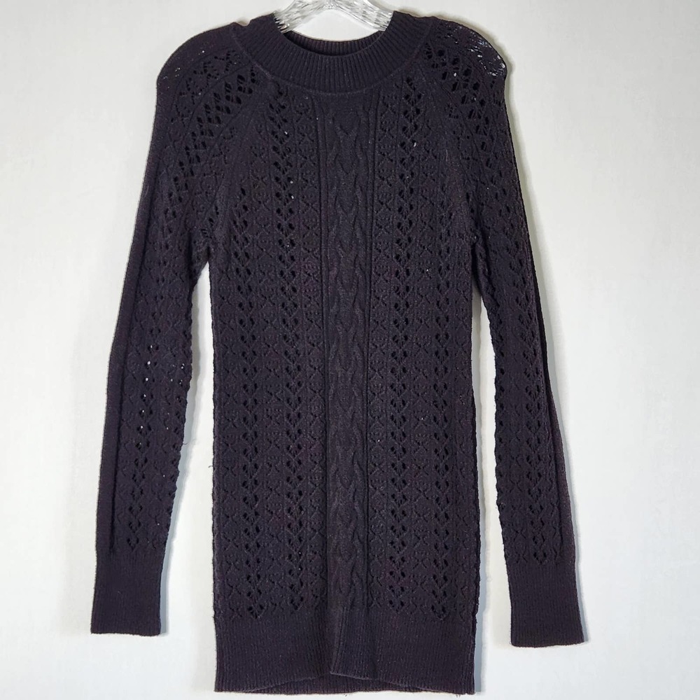 Free People Womens Open Cable Knit Sweater Tunic Large Mock Neck Fitted Cotton\